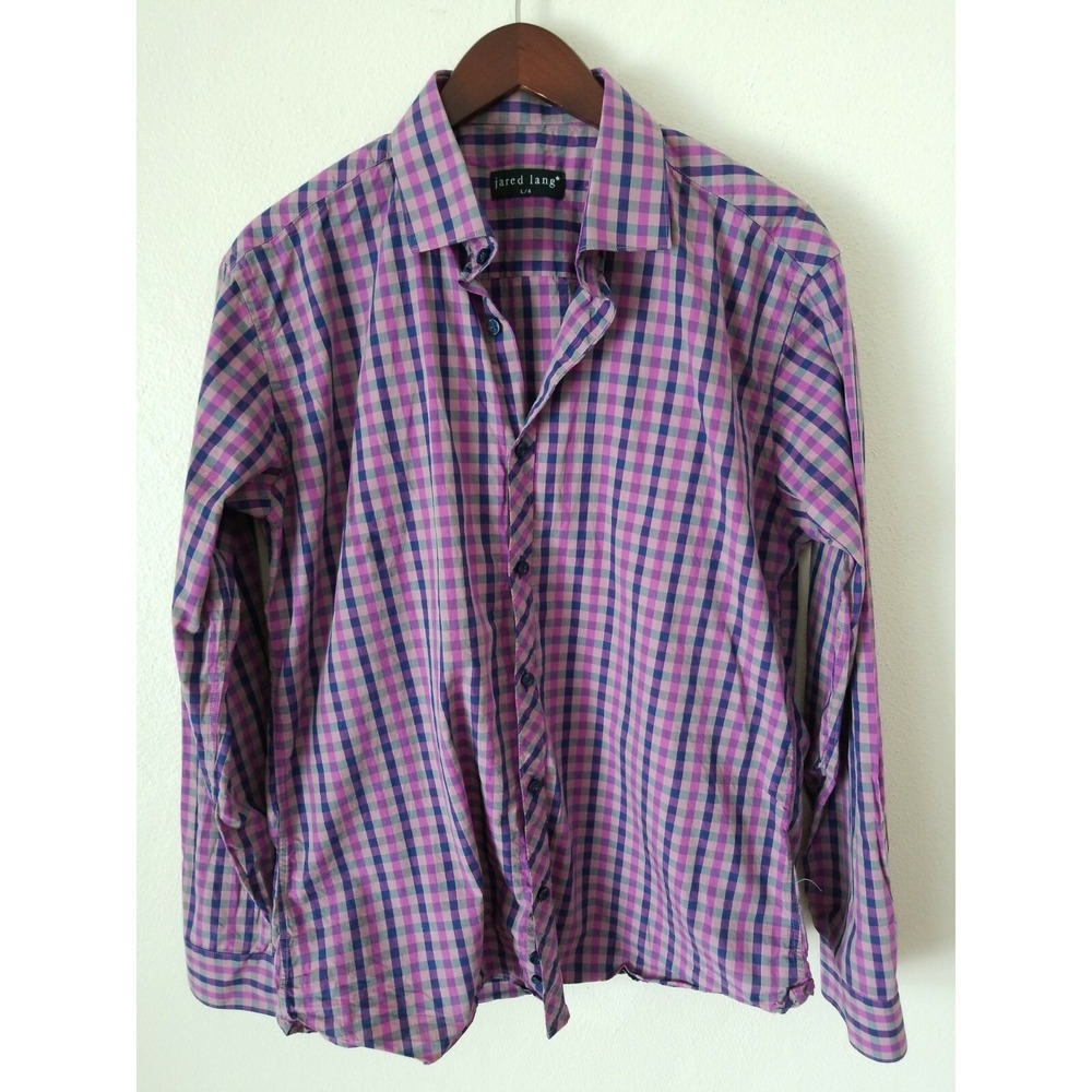 Men's L JARED LANG purple check‎ Button Down Long Sleeve cotton shirt